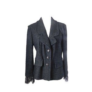 St. John Couture Black Blazer Evening Jeweled Button Lace Cuff Wool Blend 12